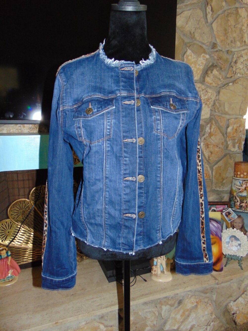 Skinny Girl Jean Jacket Blue Denim Raw Cut with Leopard Piping Detail - S